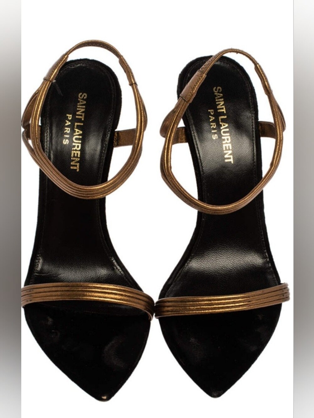 Saint Laurent Paris Black and Metallic Gold Slingback Sandals - Picture 1 of 8